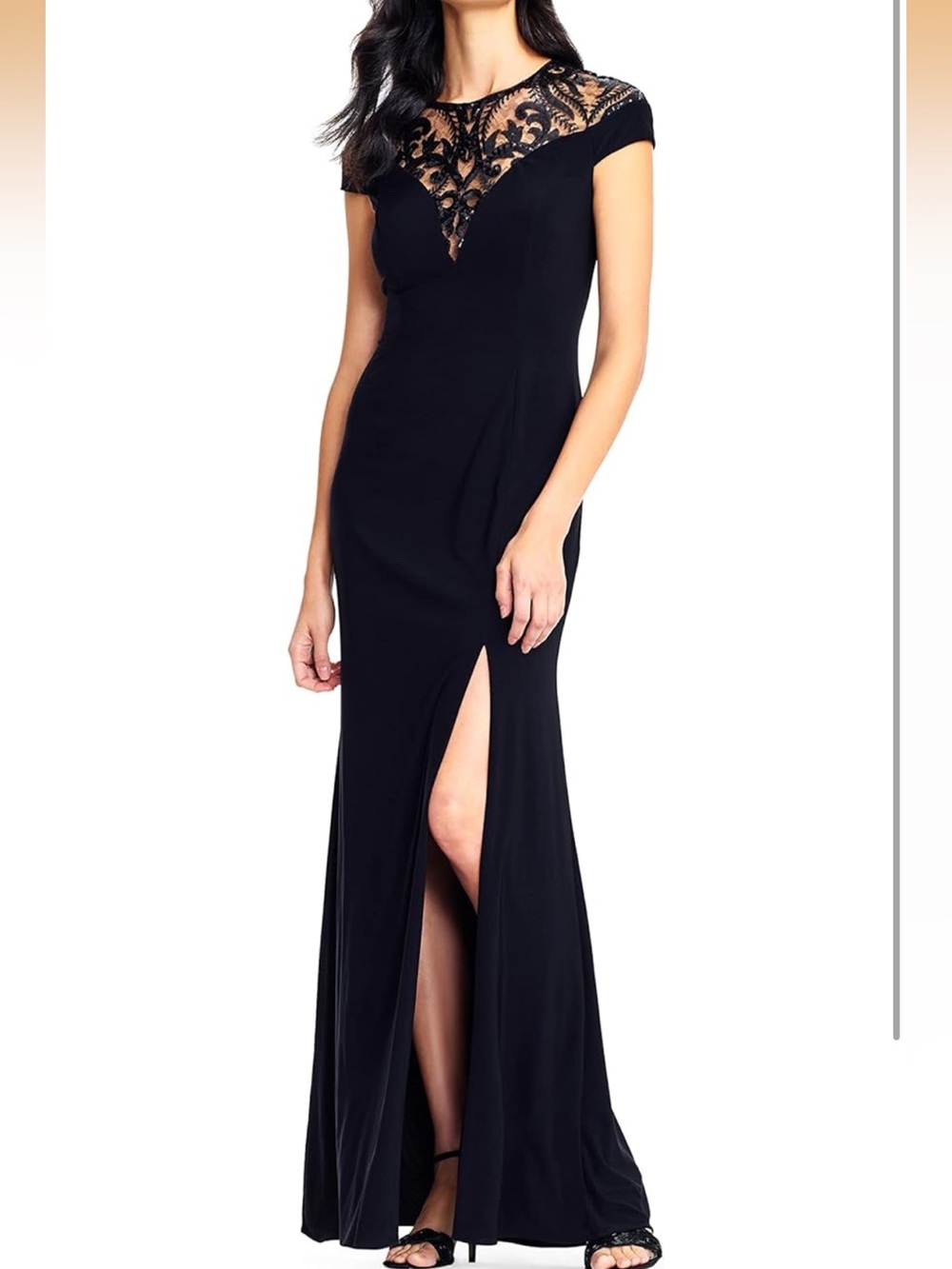 Adrianna Papell Black Lace-Illusion Cap Sleeve Evening Gown